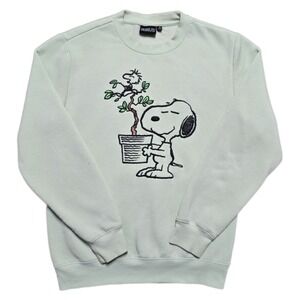 Peanuts Snoopy Woodstock Bonsai Tree Sweater Mens M Double Sided Seafoam Green